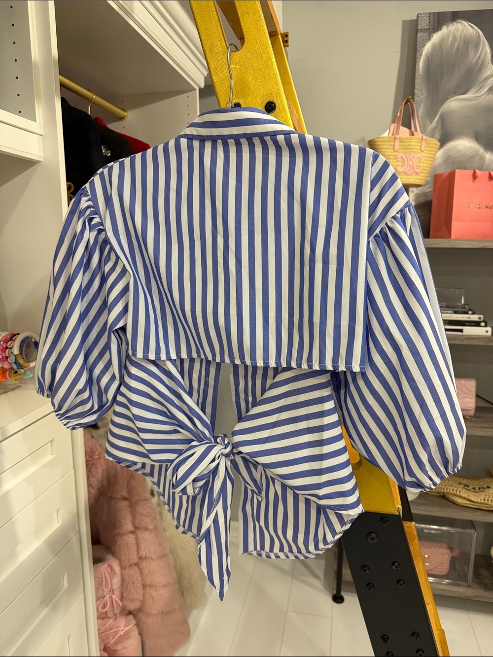 Striped Blue and White Tie-Back Women's Top